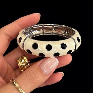 Bangle Stretch Cream Black Polka Dot  Bracelet Silver Tone Retro Mod Style